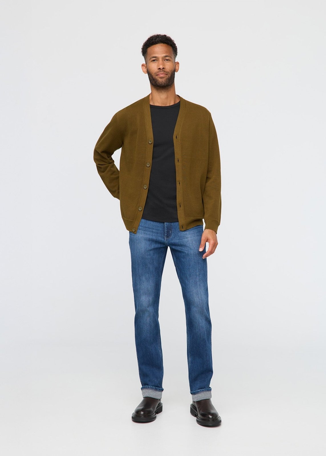 mens fleece-lined medium blue denim full body
