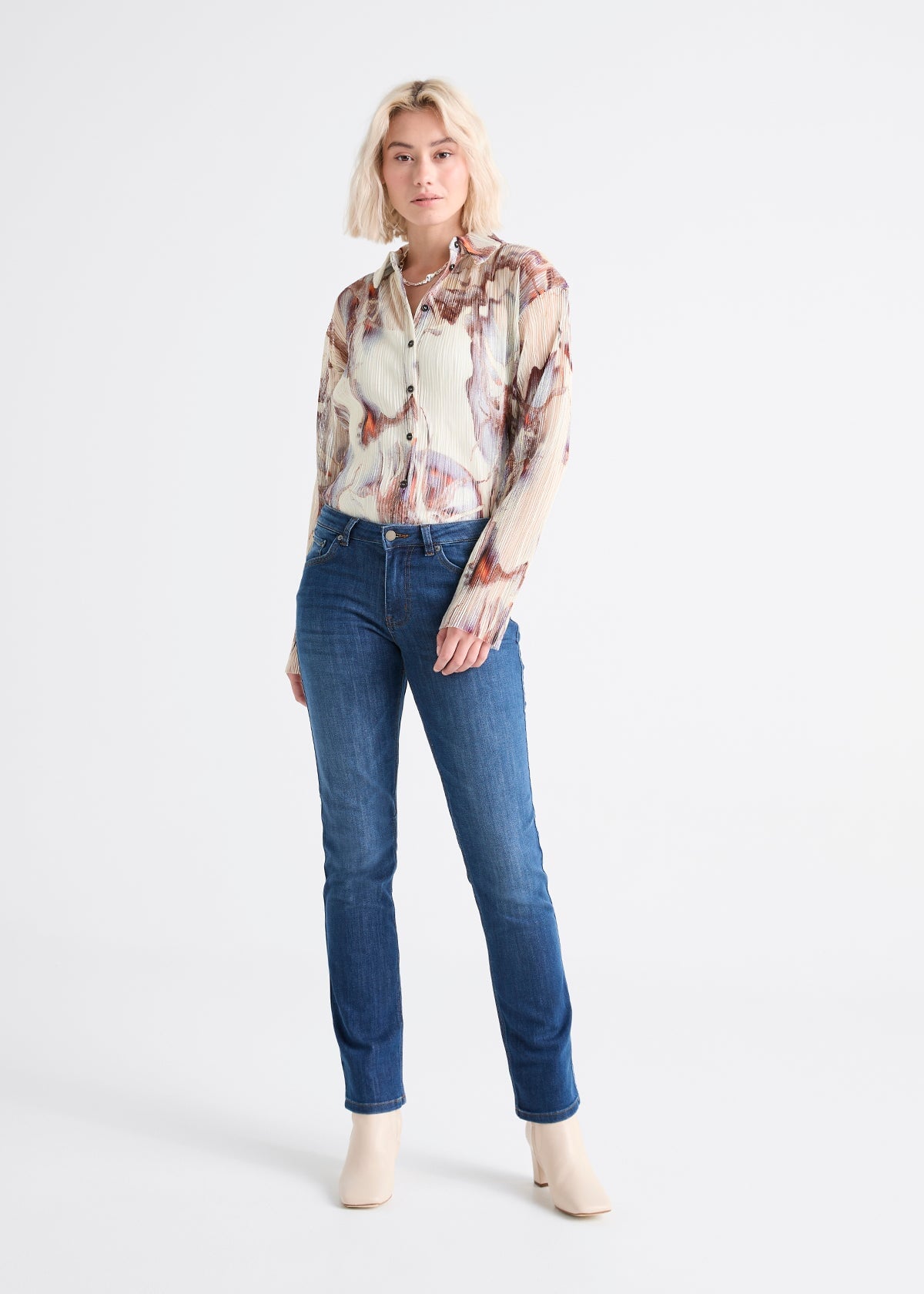 Women's Slim Straight medium blue stretch jeans full body front