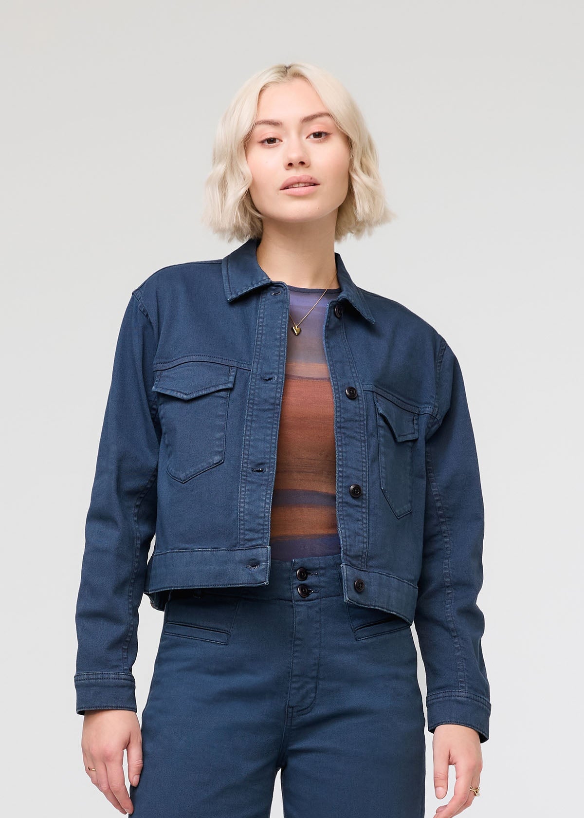 womens navy cotton trucker jacket front