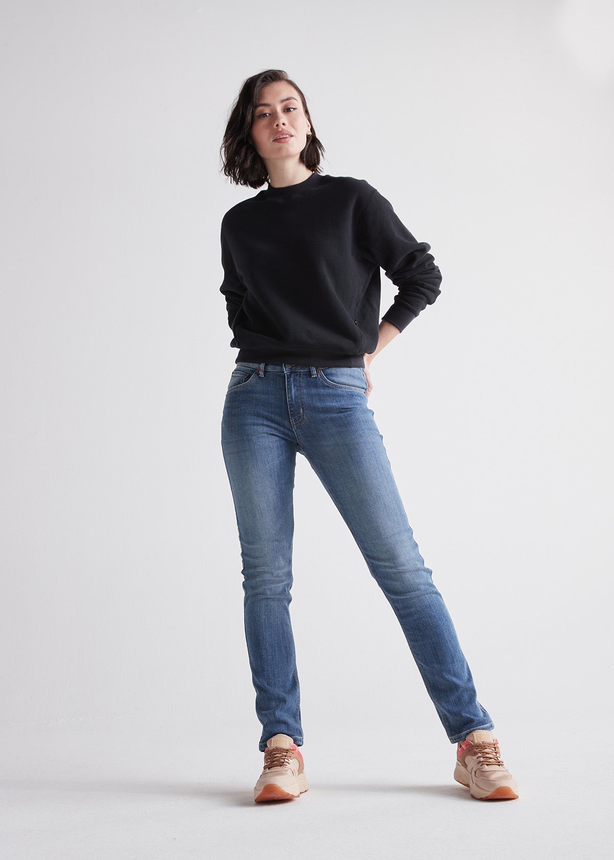 Women's Light Blue Slim Straight Stretch Jeans full body styled