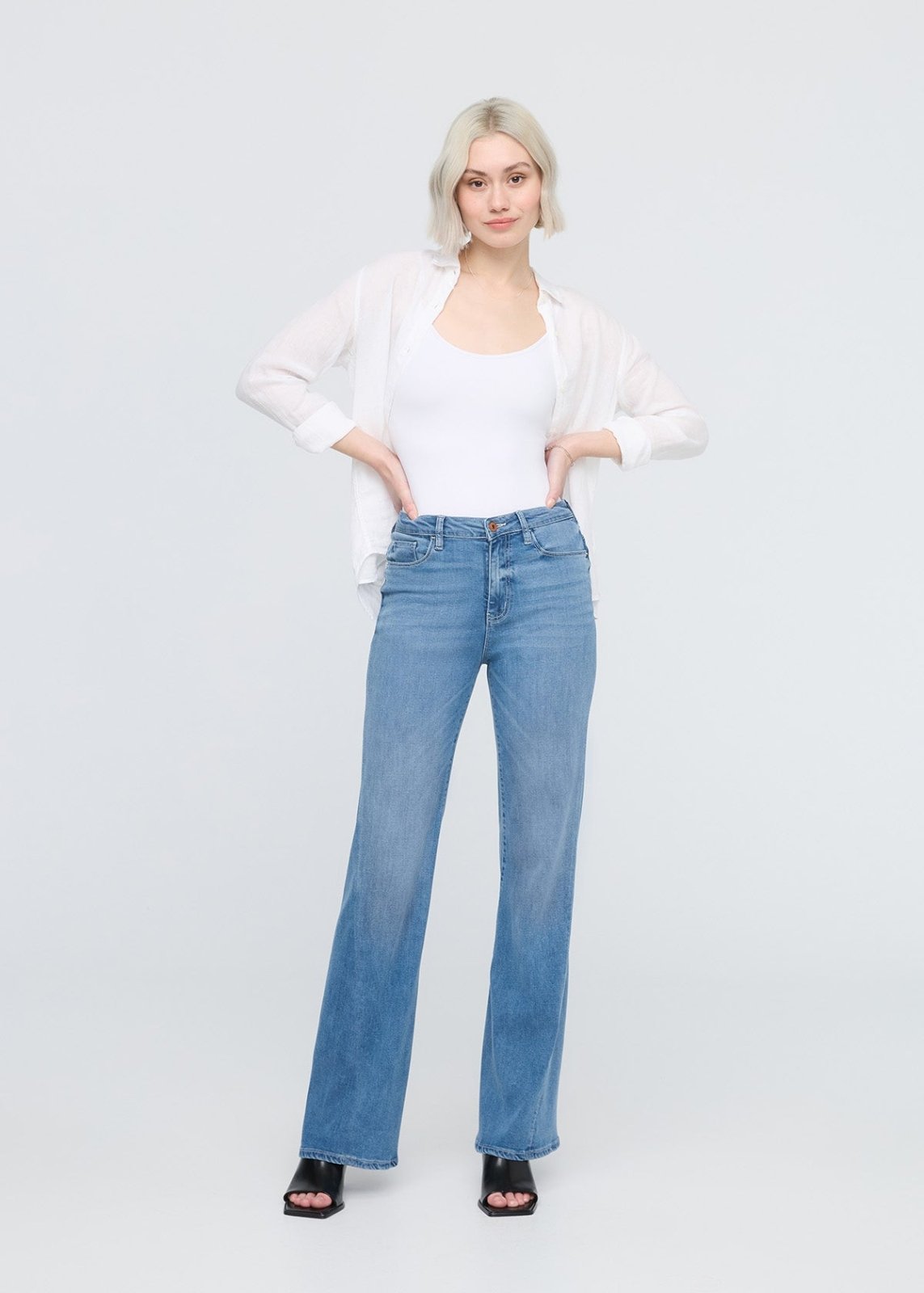 women's medium wash no sweat denim high rise wide leg full body