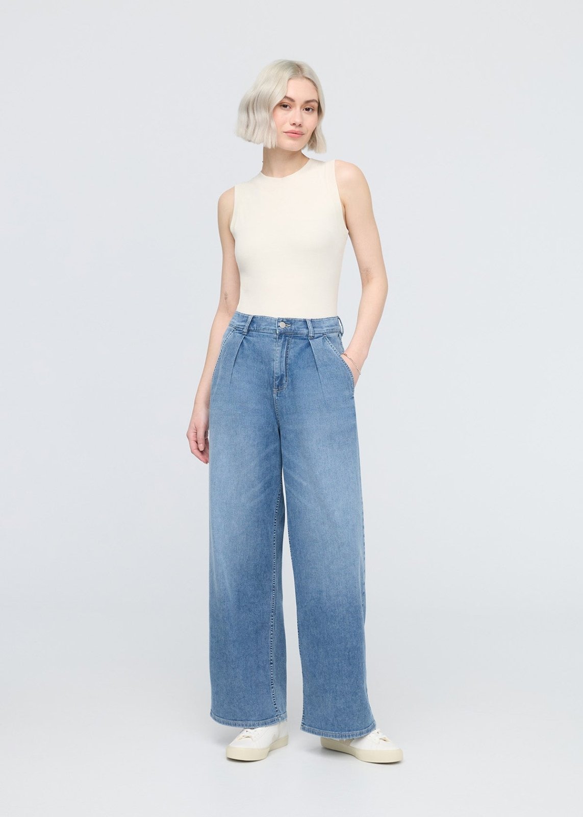 womens slate indigo denim lite pleated pant full body