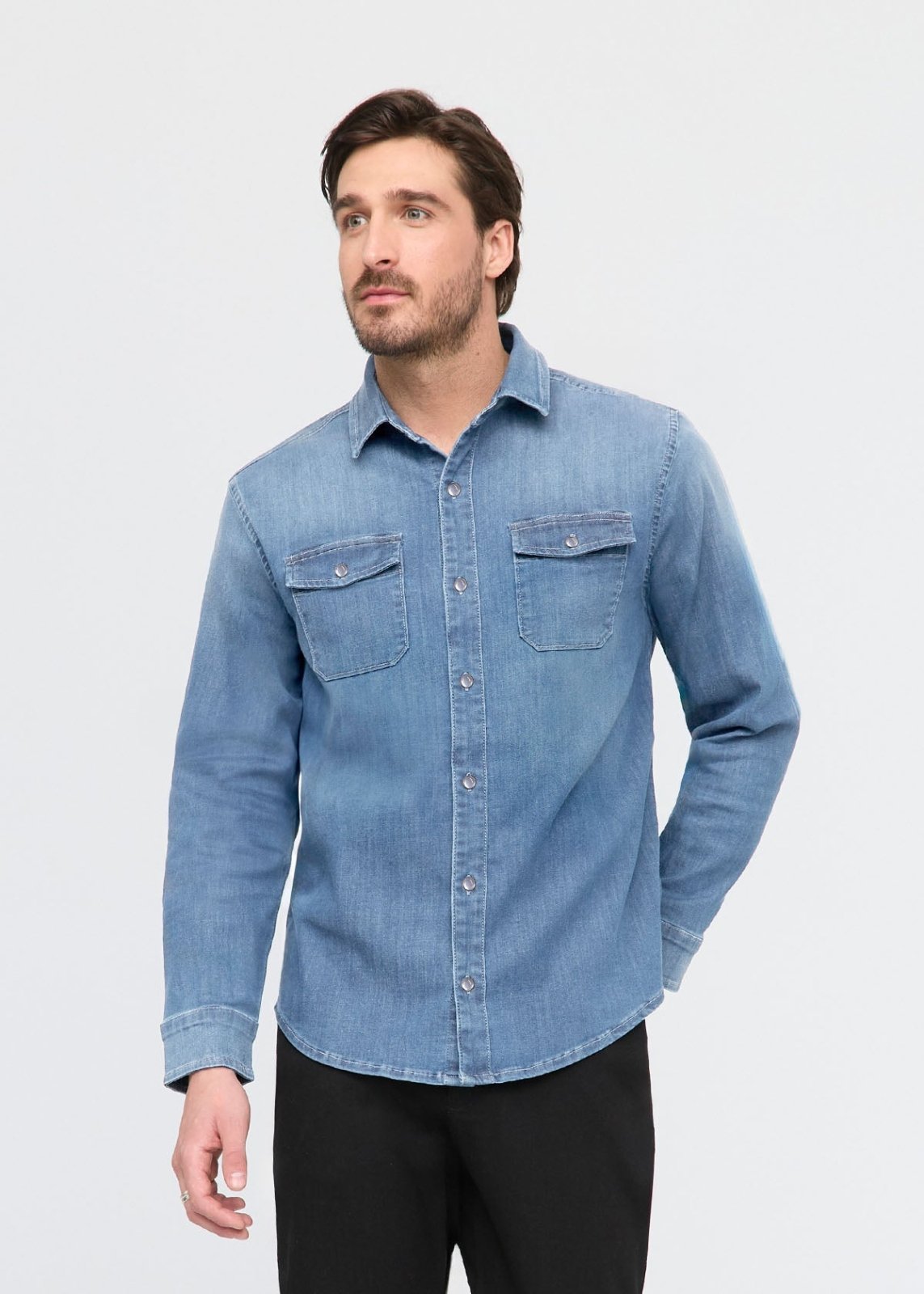 mens haze indigo performance denim lite two-pocket shirt front