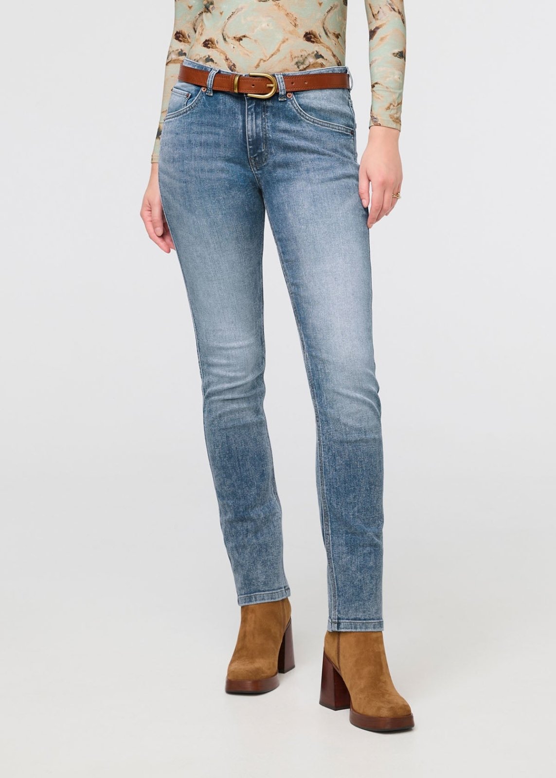 womens light wash slim straight stretch jeans front