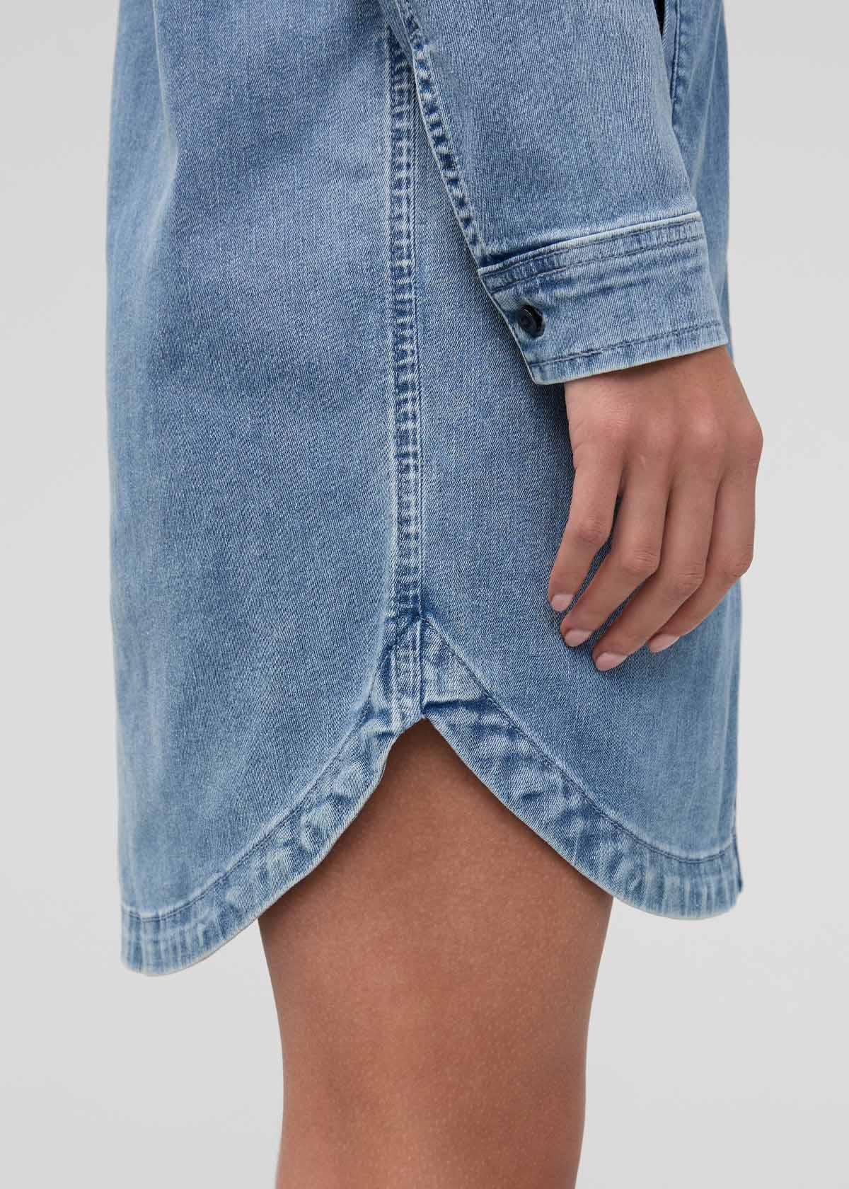 womens washed indigo performance denim lite shirt dress side detail