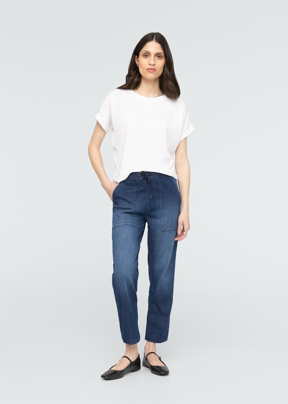 womens stone wash relaxed pull-on lightweight denim pants full body