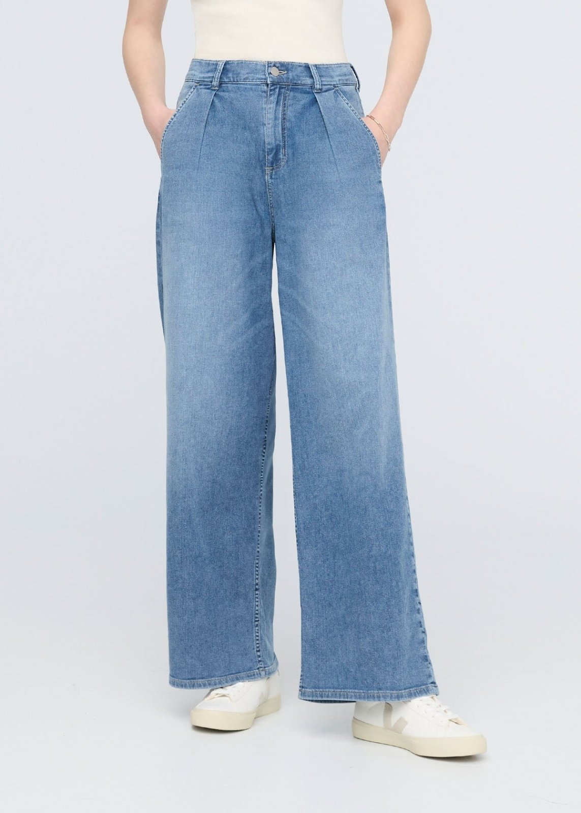 womens slate indigo denim lite pleated pant front