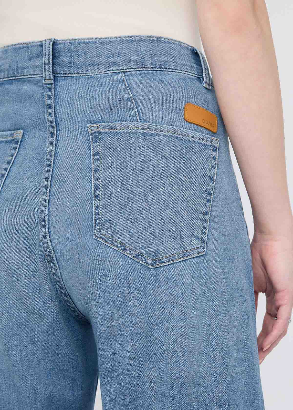 womens slate indigo denim lite pleated pant back pockets and patch