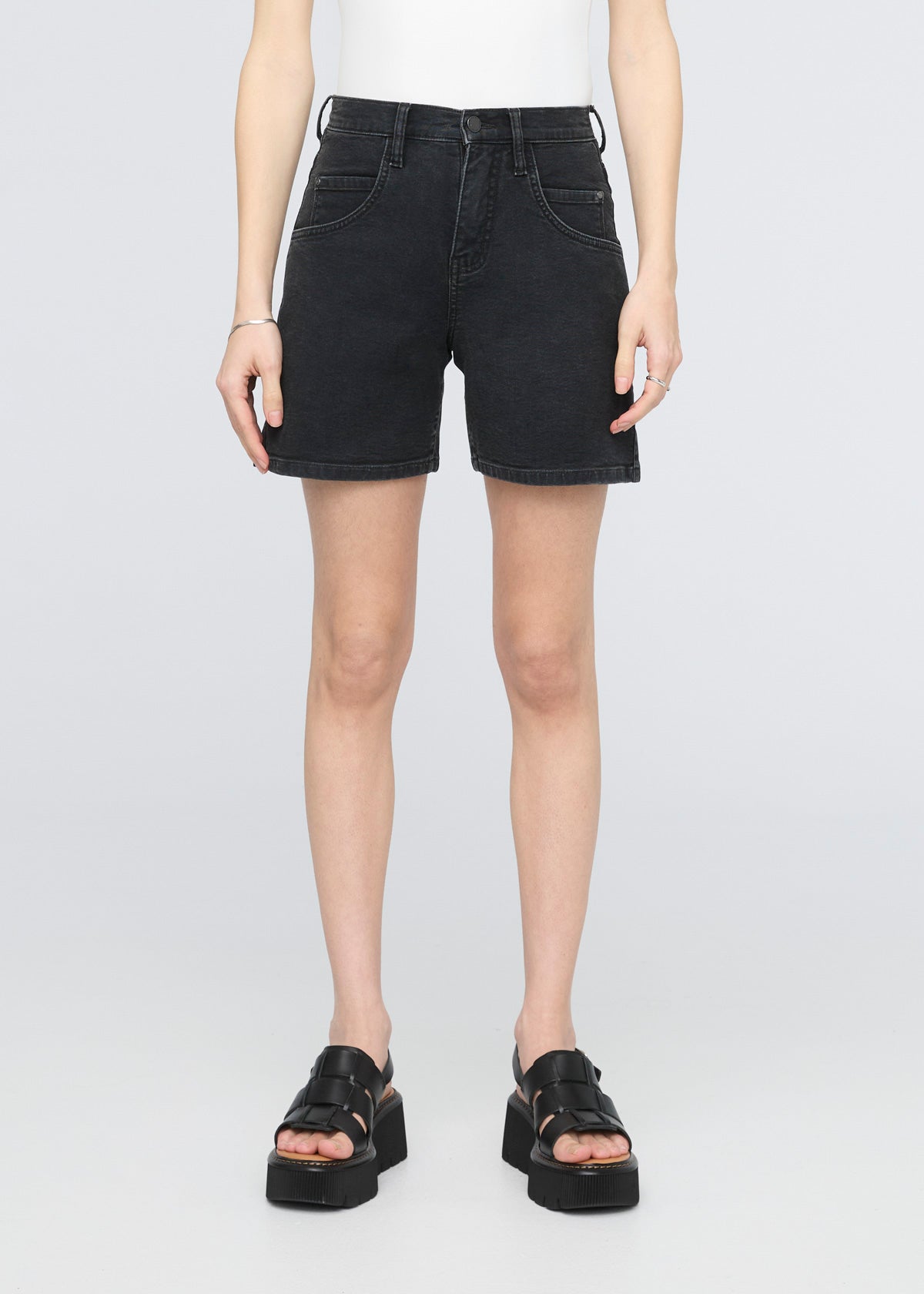 womens black stretch canvas high rise relaxed short front