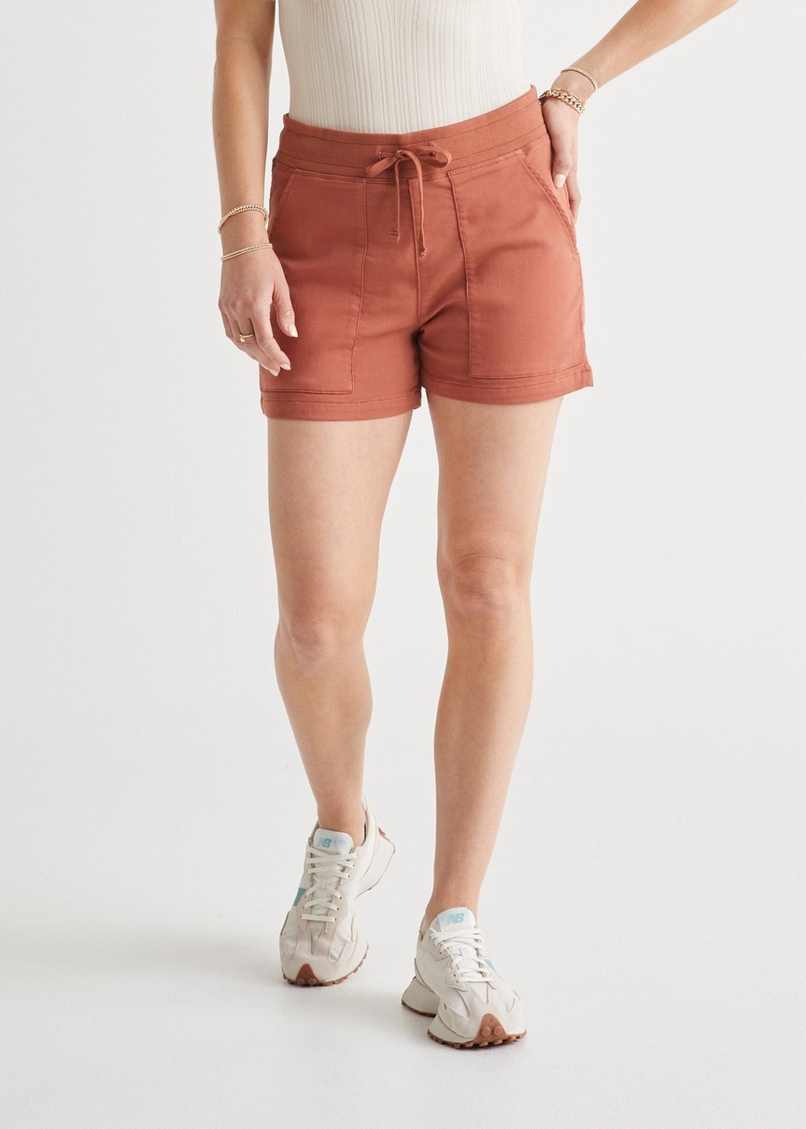womens red stretch sweat short front