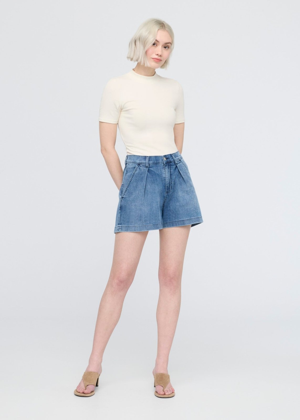 womens slate indigo denim lite pleated short full body