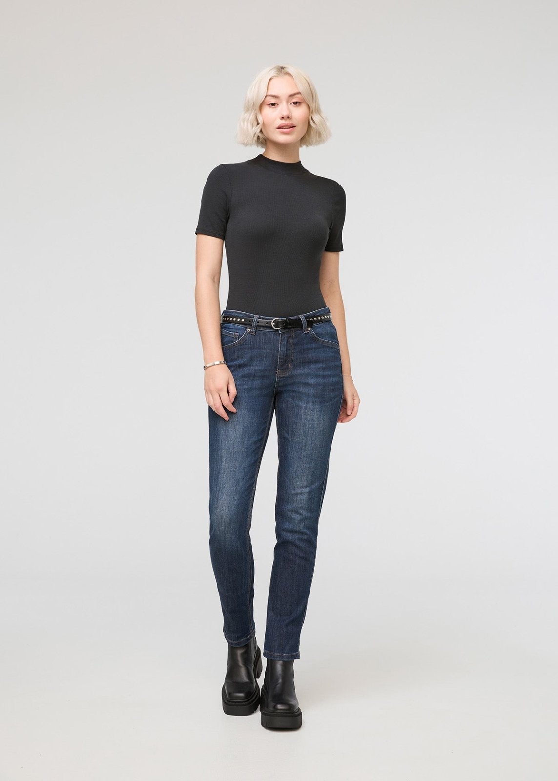 womens blue mid rise relaxed stretch jeans full body