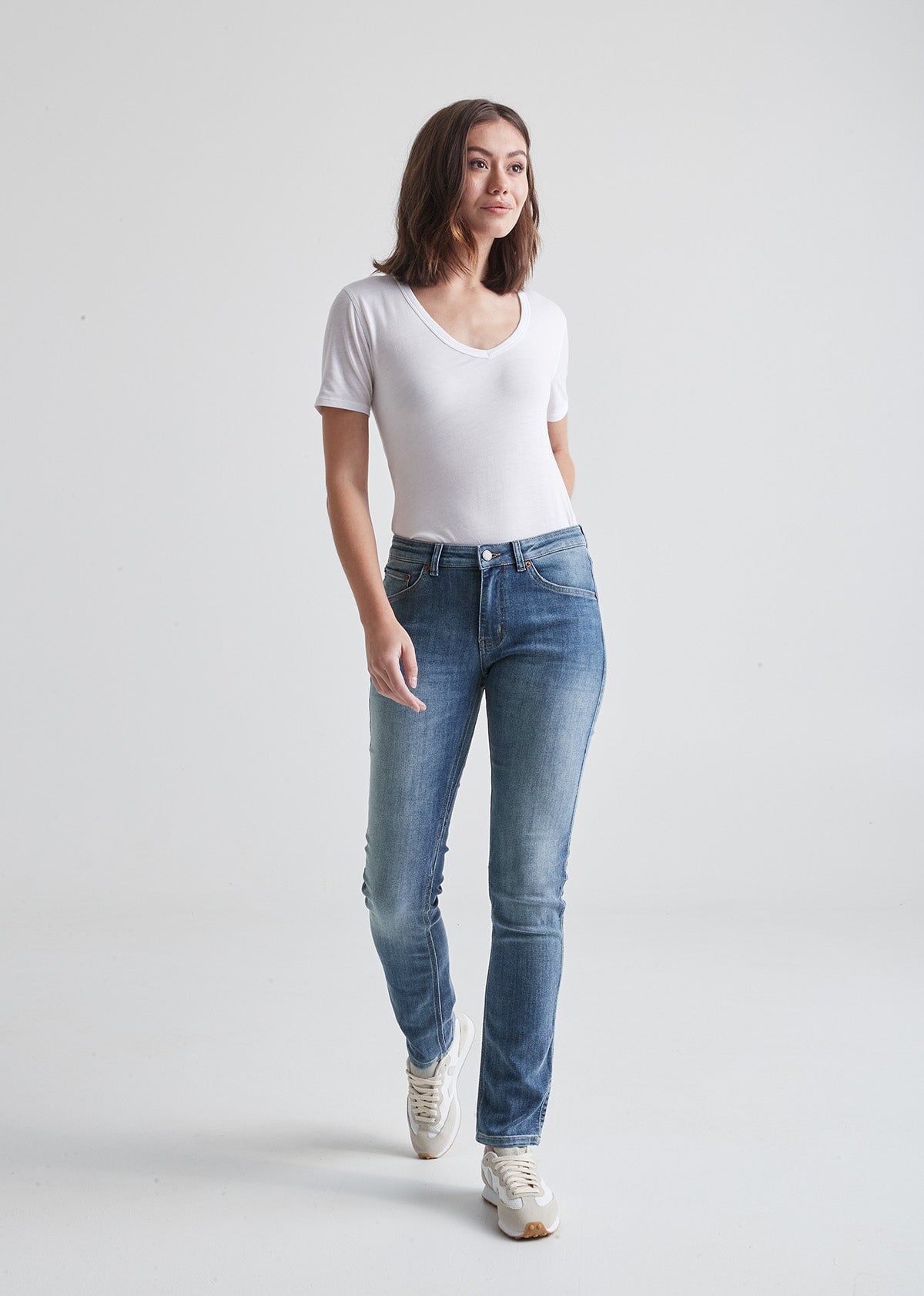 womens light blue slim straight stretch jeans full body