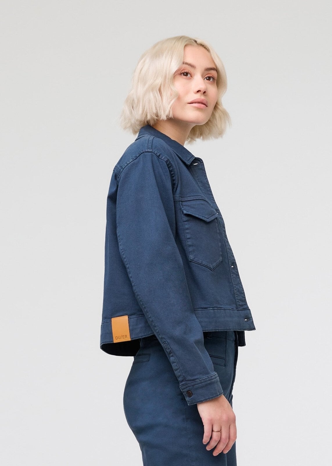 womens navy cotton trucker jacket side